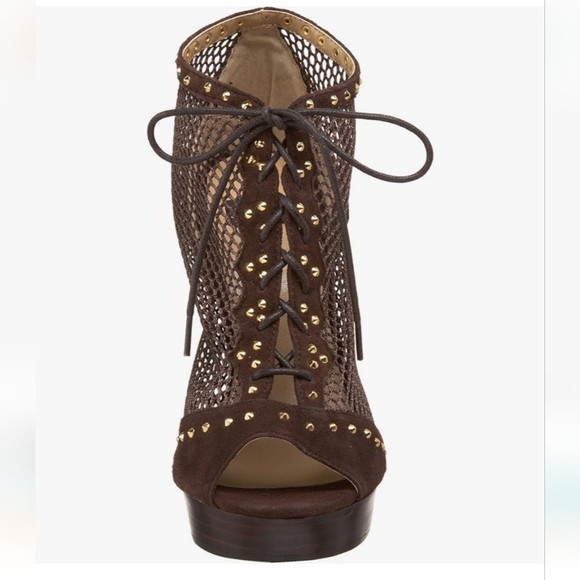N.Y.L.A. mesh and gold studded leather peep toe bootie in brown NIB - Picture 7 of 8